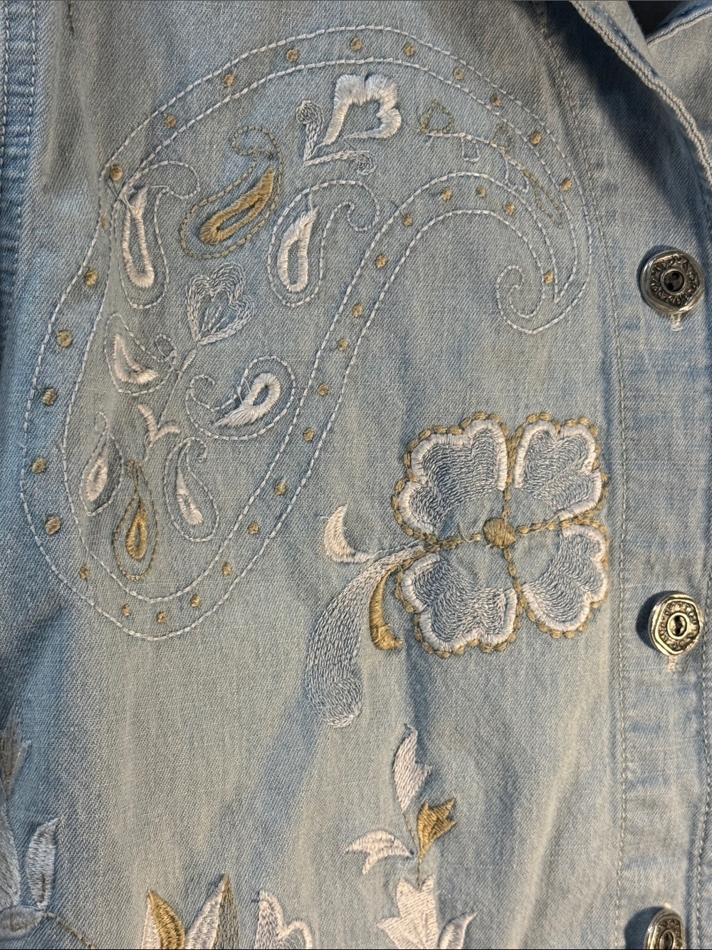 Chico's Light Blue Embroidered Denim shirt with Floral Accents - Picture 3 of 7